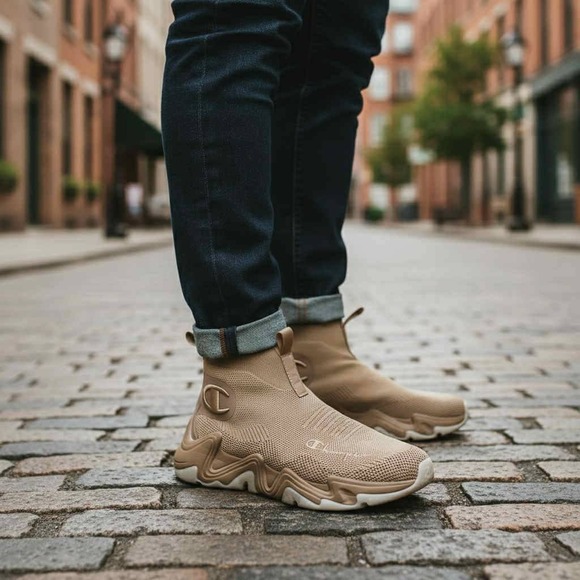 Champion Other - Men's NWOT Champion Tan Knit High Top Sneakers Slip-On Athletic Shoes‎ Size 7.5W